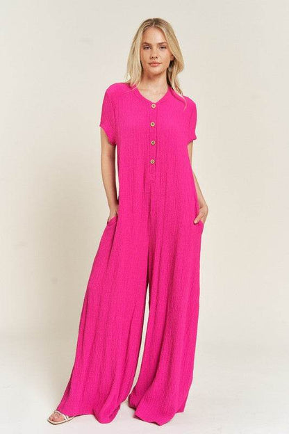 TEXTURED SHORT SLEEVE JUMPSUIT - Shop Style & More | Fresh Looks, Everyday Deals & Free Shipping