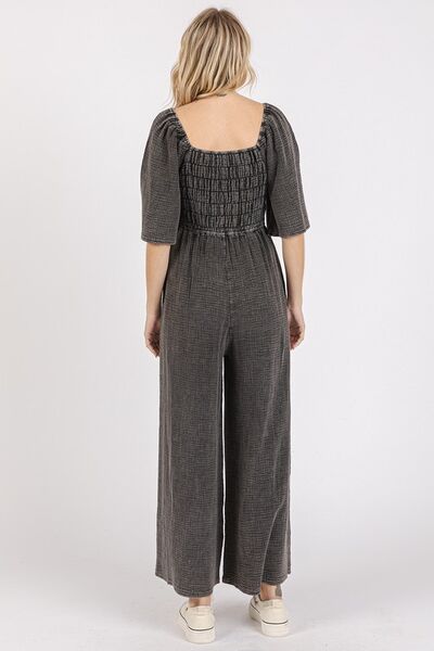 Mittoshop Mineral Wash Wide Leg Jumpsuit - Gauze Ruched Style Jumpsuits