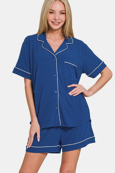 Zenana Button Down Short Sleeve Top and Shorts Lounge Set Navy Lounge Set