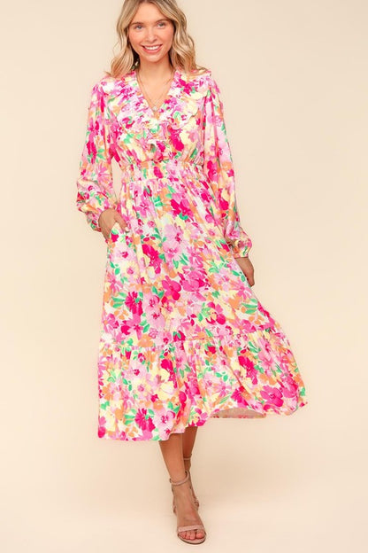 Haptics Full Size Floral Surplice Balloon Sleeve Dress with Side Pockets Casual Dresses