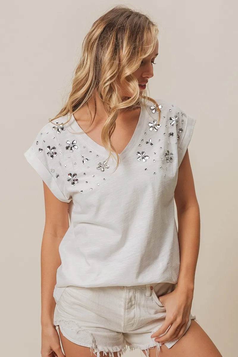 BiBi Slub Jersey Rhinestone V Neck Top - Shop Style & More | Fresh Looks, Everyday Deals & Free Shipping