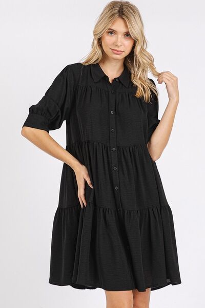 Mittoshop Button Detail Collared Neck Tiered Shirt Dress Black Casual Dresses