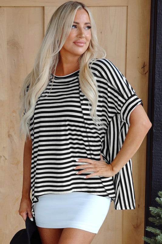 Alia Stripe Batwing Sleeve Crewneck Oversized Top - Shop Style & More | Fresh Looks, Everyday Deals & Free Shipping