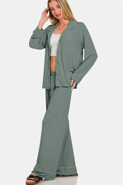 Zenana Button Down Long Sleeve Top and Pants Lounge Set Lounge Set