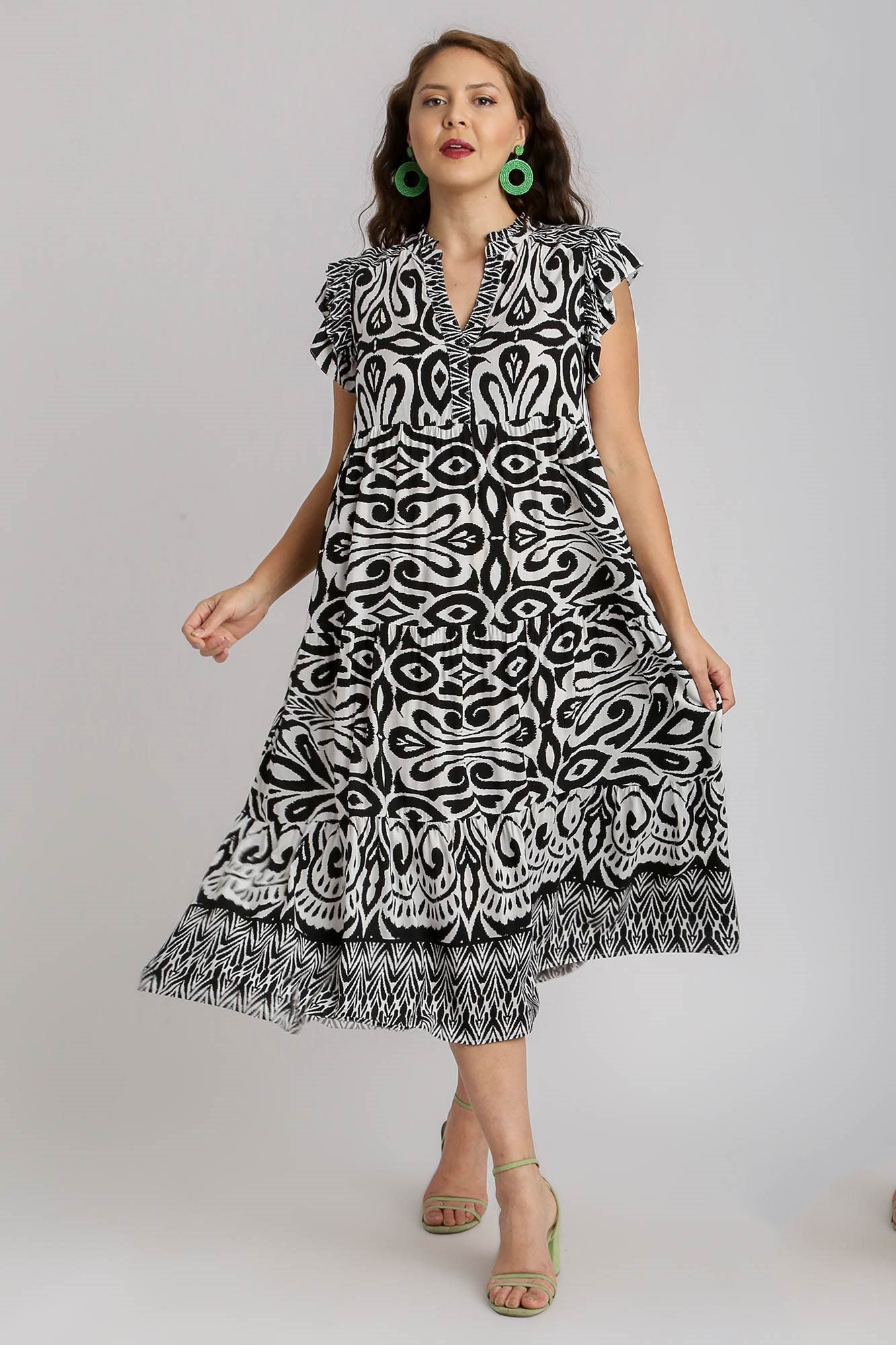 Umgee Full Size Two Tone Border Print Ruffle Cap Sleeve Midi Dress Plus Size Casual Dresses