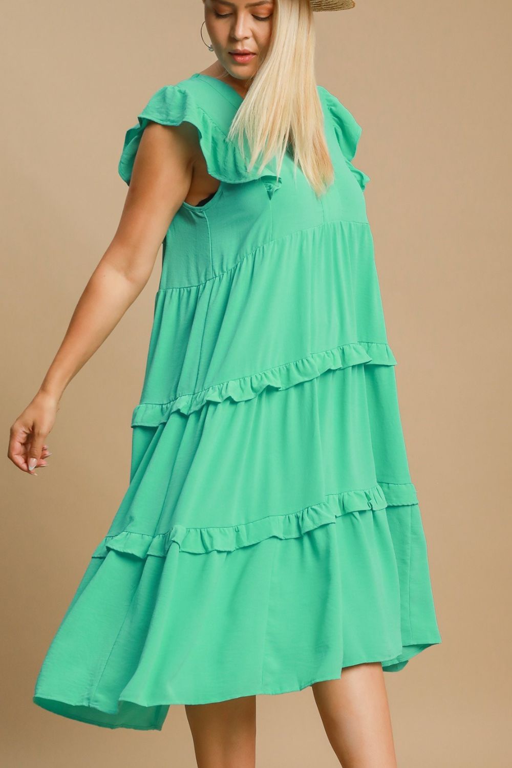 Umgee Full Size Ruffle Tiered Cap Sleeve Midi Dress Plus Size Casual Dresses