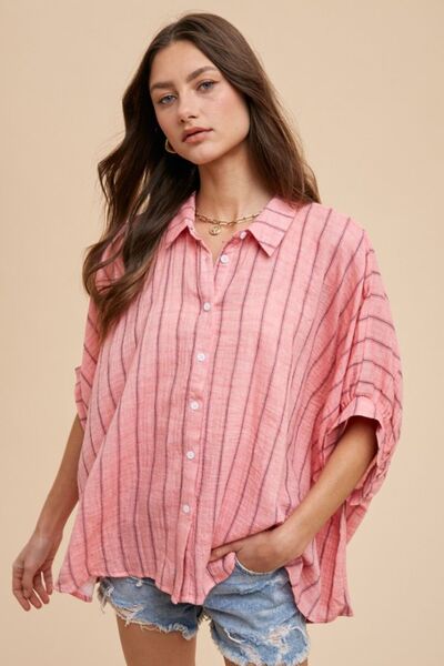 Annie Wear Striped Button Up Half Sleeve Shirt Coral Pink Blouses