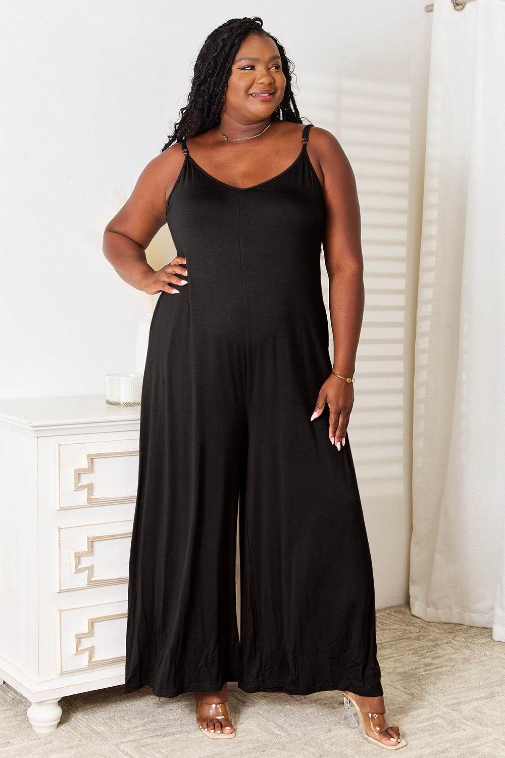 Double Take Full Size Soft Rayon Spaghetti Strap Tied Wide Leg Jumpsuit - Shop Style & More | Fresh Looks, Everyday Deals & Free Shipping