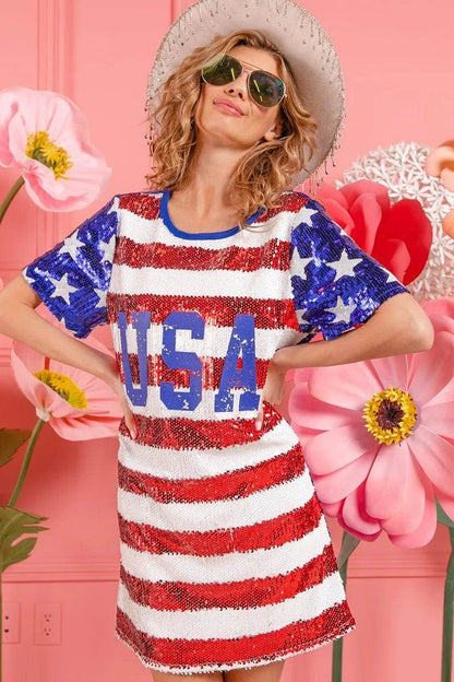 BiBi American Flag Theme Usa Print Sequin Dress - Shop Style & More | Fresh Looks, Everyday Deals & Free Shipping