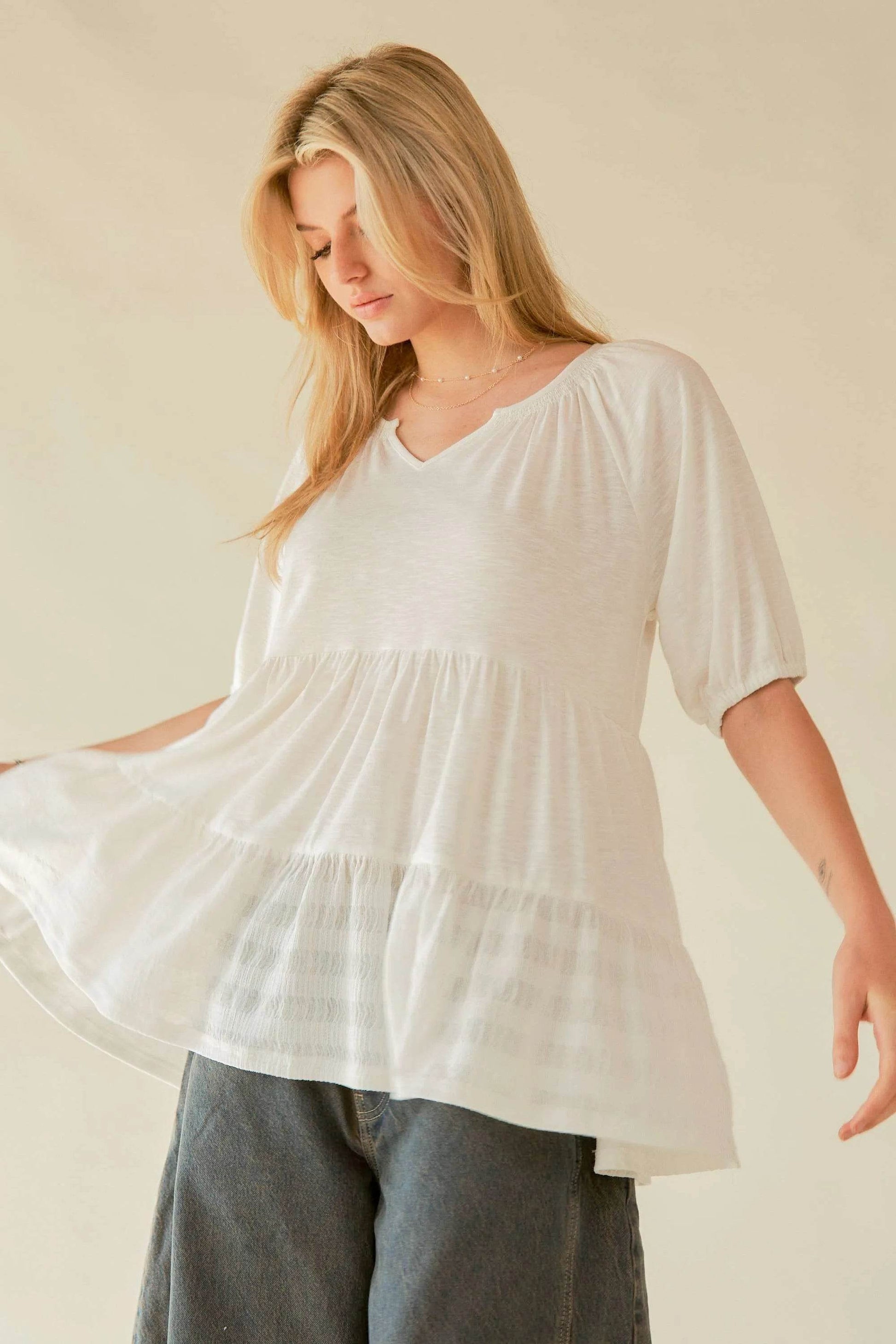 Davi & Dani Ruffled Flared Short Sleeve V Neck Blouse - Shop Style & More | Fresh Looks, Everyday Deals & Free Shipping