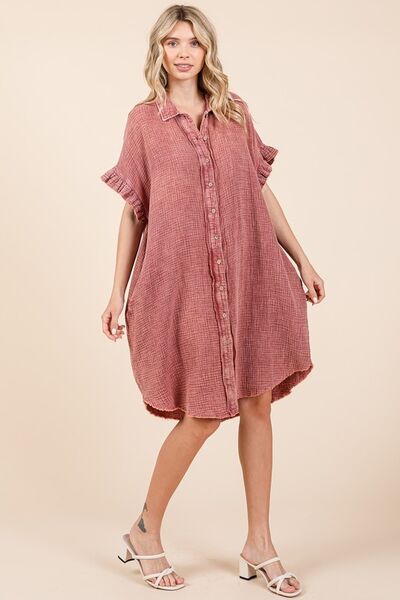 Mittoshop Mineral Wash Cotton Gauze Mini Shirt Dress Casual Dresses