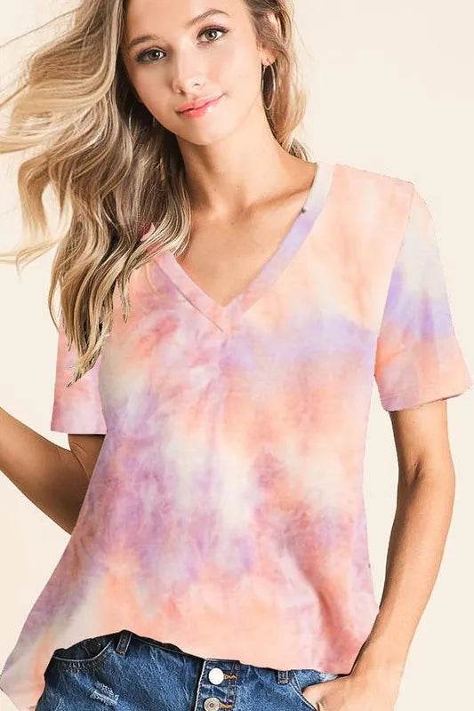 BiBi Tie Dye French Terry V Neck Top - Shop Style & More | Fresh Looks, Everyday Deals & Free Shipping
