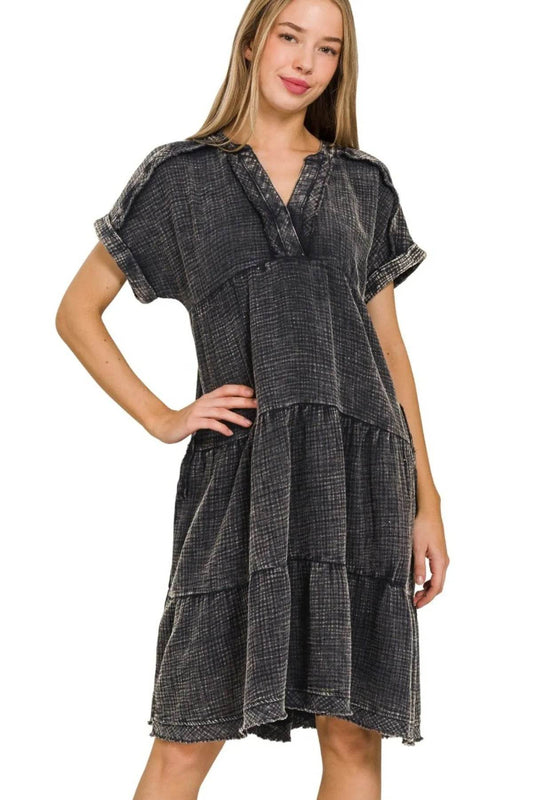 Zenana Washed Double Gauze Raw Edge V-neck Dress - Shop Style & More | Fresh Looks, Everyday Deals & Free Shipping