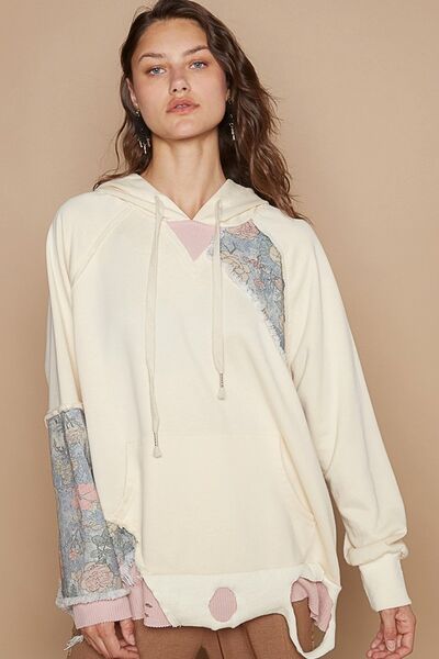 POL Floral Patchwork Distressed Drawstring Hoodie Cream Hoodies & Sweaters