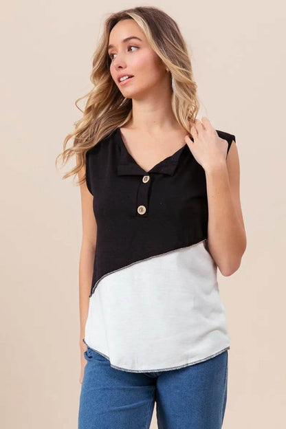 BiBi Color Block Contrast Stitching Buttoned Henley Top - Shop Style & More | Fresh Looks, Everyday Deals & Free Shipping