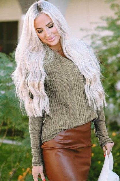 Amora V Neck Buttoned Ribbed Knit Top - Shop Style & More | Fresh Looks, Everyday Deals & Free Shipping