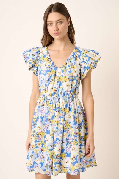 Mittoshop Floral V-Neck Cap Sleeve Mini Dress Blue Casual Dresses