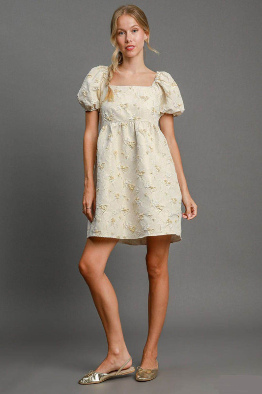 Umgee Heart Jacquard Square Neck Puff Sleeve Mini Dress - Shop Style & More | Fresh Looks, Everyday Deals & Free Shipping