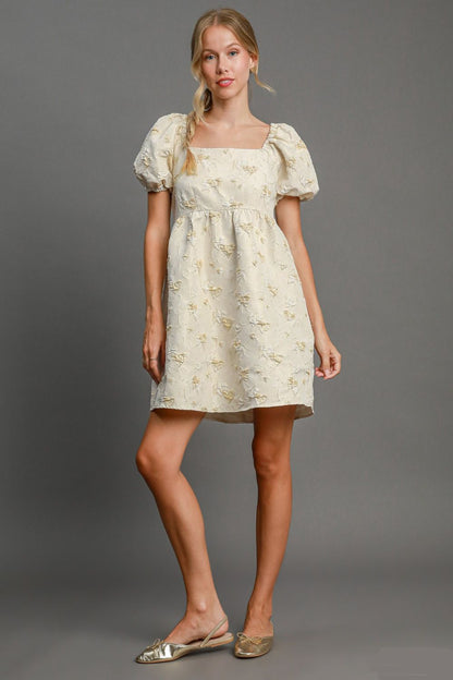 Umgee Heart Jacquard Square Neck Puff Sleeve Mini Dress Cream Casual Dresses