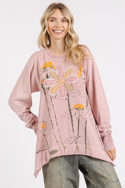 Mittoshop Flower Graphic Print and Patch Oversized Sweatshirt Dusty Pink Hoodies & Sweaters