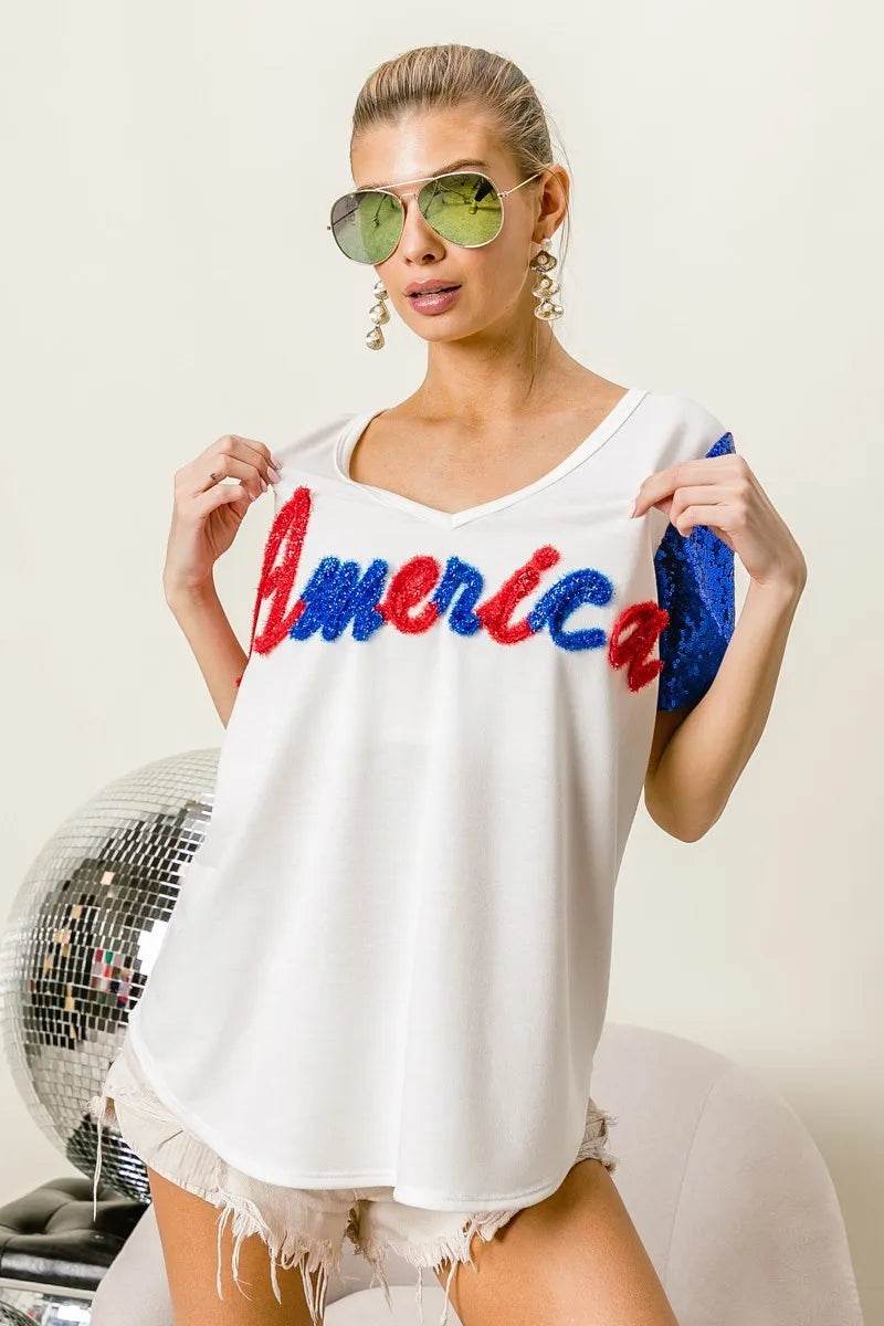 BiBi Metallic Letter V-neck Sequin Sleeves Top - Shop Style & More | Fresh Looks, Everyday Deals & Free Shipping