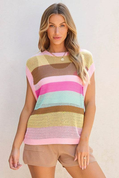 Jamie Stripe Crochet Cap Sleeve Loose Fit Sweater - Shop Style & More | Fresh Looks, Everyday Deals & Free Shipping