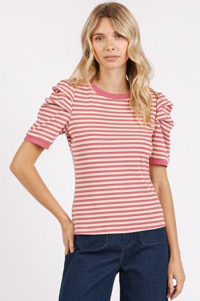 Mittoshop Striped Round Neck Puff Sleeve T-Shirt Mauve Blouses