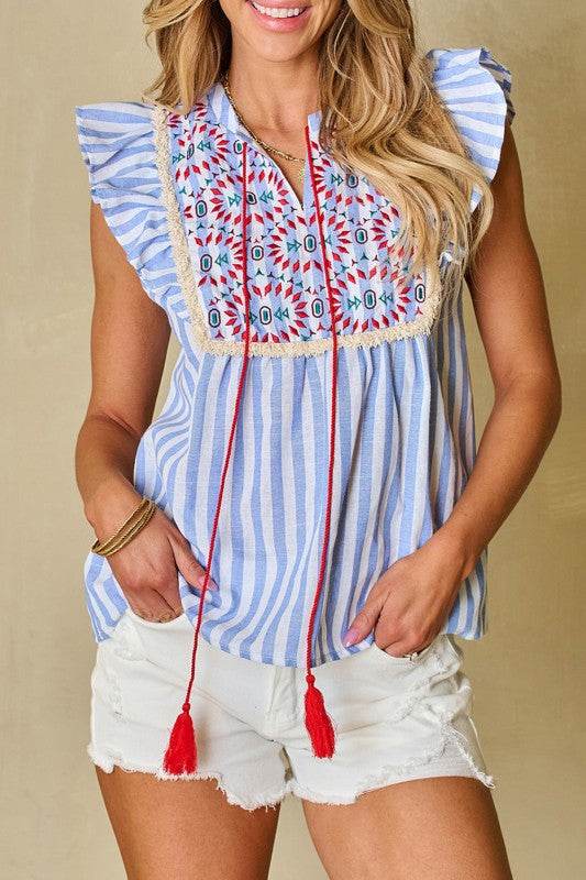 Ariya Stripe Geo Pattern Embroidered Tassel Flutte - Shop Style & More | Fresh Looks, Everyday Deals & Free Shipping