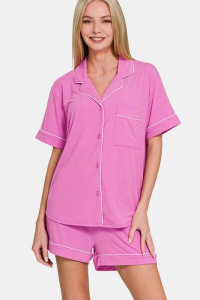 Zenana Button Down Short Sleeve Top and Shorts Lounge Set BRIGHT MAUVE Lounge Set