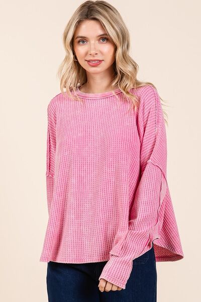 Mittoshop Waffle-Knit Exposed Seam Round Neck Top Blouses