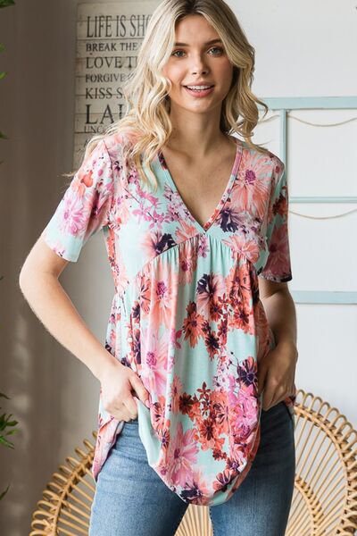 Heimish Floral V-Neck Babydoll Blouse - Full Size Short Sleeve Top Blouses