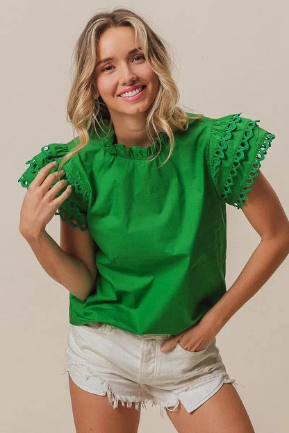 BiBi Solid Woven Circle Trim Ruffle Top - Shop Style & More | Fresh Looks, Everyday Deals & Free Shipping
