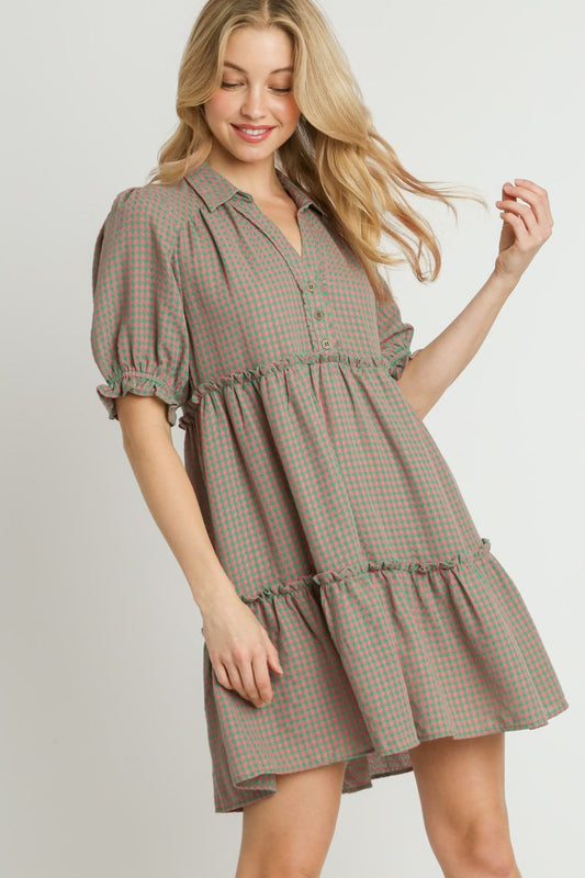 Umgee Full Size Plaid Frill Button Detail Ruffled Short Sleeve Dress Plus Size GREEN PINK Casual Dresses