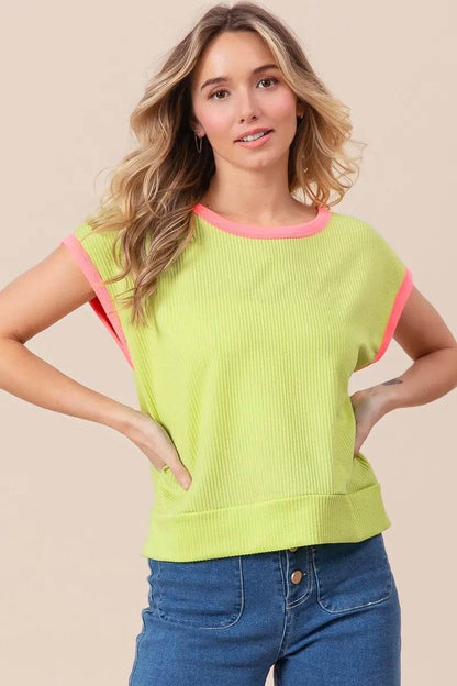 BiBi Cord Rib Knit Contrast Banded Top - Shop Style & More | Fresh Looks, Everyday Deals & Free Shipping