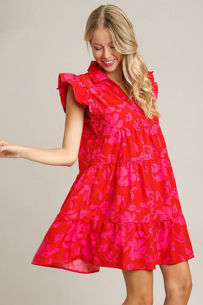 Umgee Full Size Floral Print Ruffle Cap Sleeve Tiered Dress Plus Size Red Casual Dresses