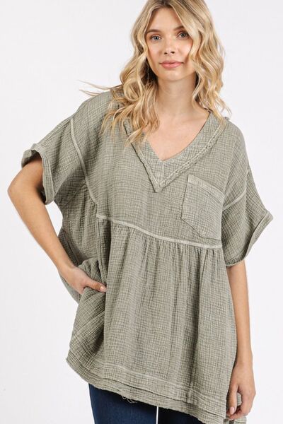 Mittoshop Mineral Wash Gauze Babydoll V-Neck Oversized Blouse Lt Olive Blouses