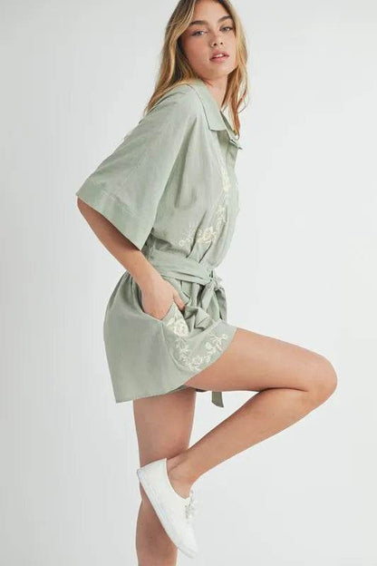 MABLE Embroidered Button Down Collared Neck Romper - Shop Style & More | Fresh Looks, Everyday Deals & Free Shipping