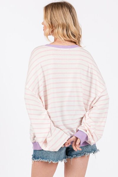 Ces Femme Striped Round Neck Drop Shoulder Sweatshirt Hoodies & Sweaters