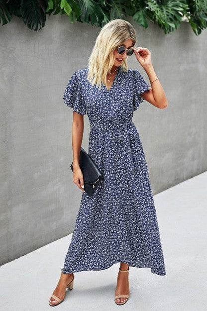 V Neck Blue Floral Short Sleeve Wrap Dress - Shop Style & More | Fresh Looks, Everyday Deals & Free Shipping