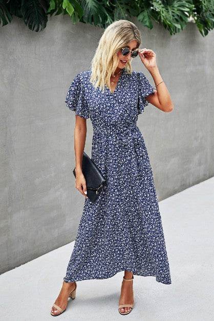 V Neck Blue Floral Short Sleeve Wrap Dress - Shop Style & More | Fresh Looks, Everyday Deals & Free Shipping