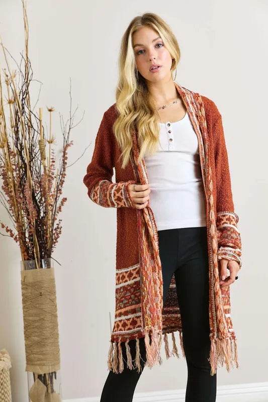 ADORA Full Size Fringe Hem Aztec Border Cardigan Plus Size - Shop Style & More | Fresh Looks, Everyday Deals & Free Shipping