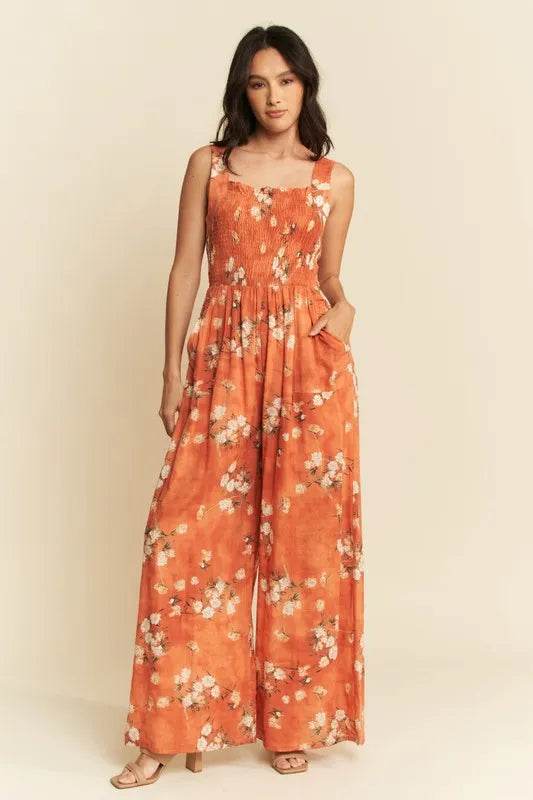 Davi & Dani Floral Ruffle Square Neck Smocking Bodice Jumpsuit - Shop Style & More | Fresh Looks, Everyday Deals & Free Shipping