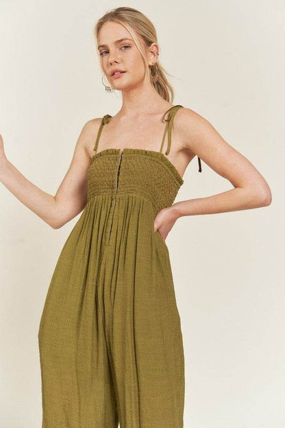SMOCKED TIE STRAP JUMPSUIT - Shop Style & More | Fresh Looks, Everyday Deals & Free Shipping