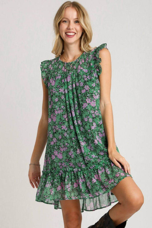 Umgee Full Size Smocked Detail Floral Metallic Ruffle Cap Sleeve Dress Plus Size - Shop Style & More | Fresh Looks, Everyday Deals & Free Shipping