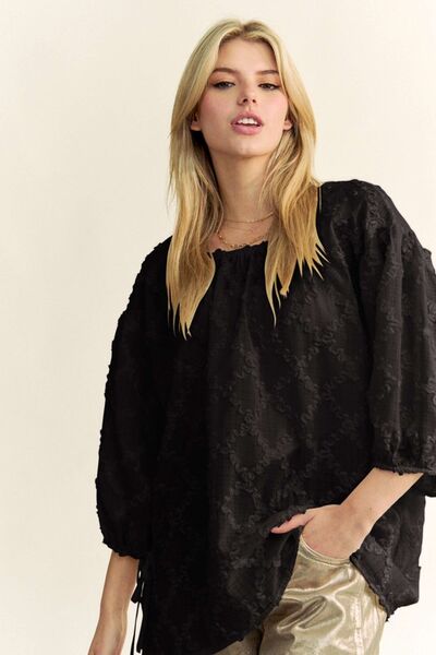 Davi & Dani Tied Round Neck Mesh Blouse Blouses