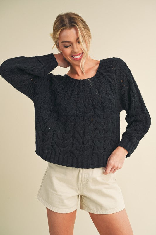 Aemi + Co Cable-Knit Openwork Round Neck Sweater Hoodies & Sweaters