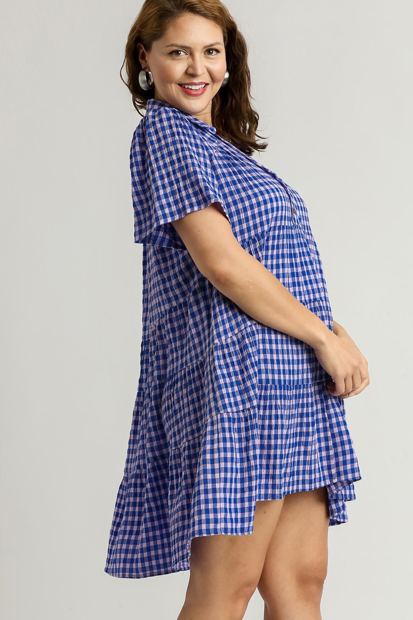 Umgee Full Size Gingham Tiered Button Detail Short Sleeve Dress Plus Size Casual Dresses