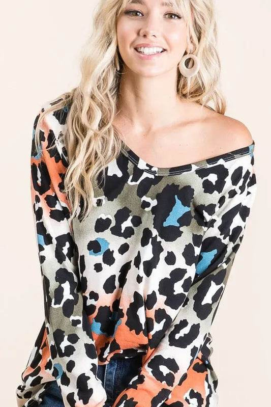 BiBi Gradation Leopard Print Soft Knit Deep U Neck Top - Shop Style & More | Fresh Looks, Everyday Deals & Free Shipping