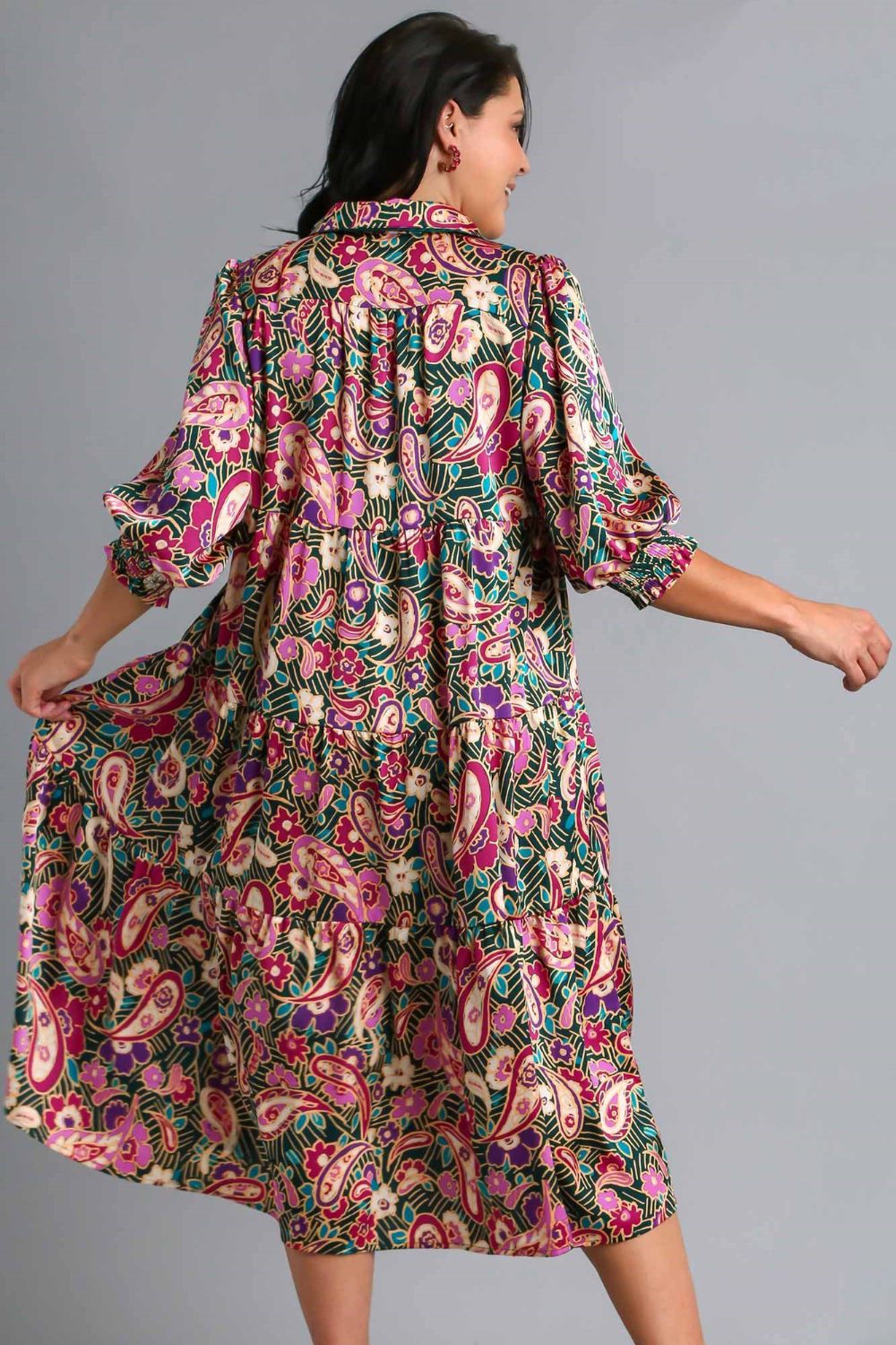 Umgee Full Size Paisley Print Satin Tiered Midi Dress Plus Size Casual Dresses