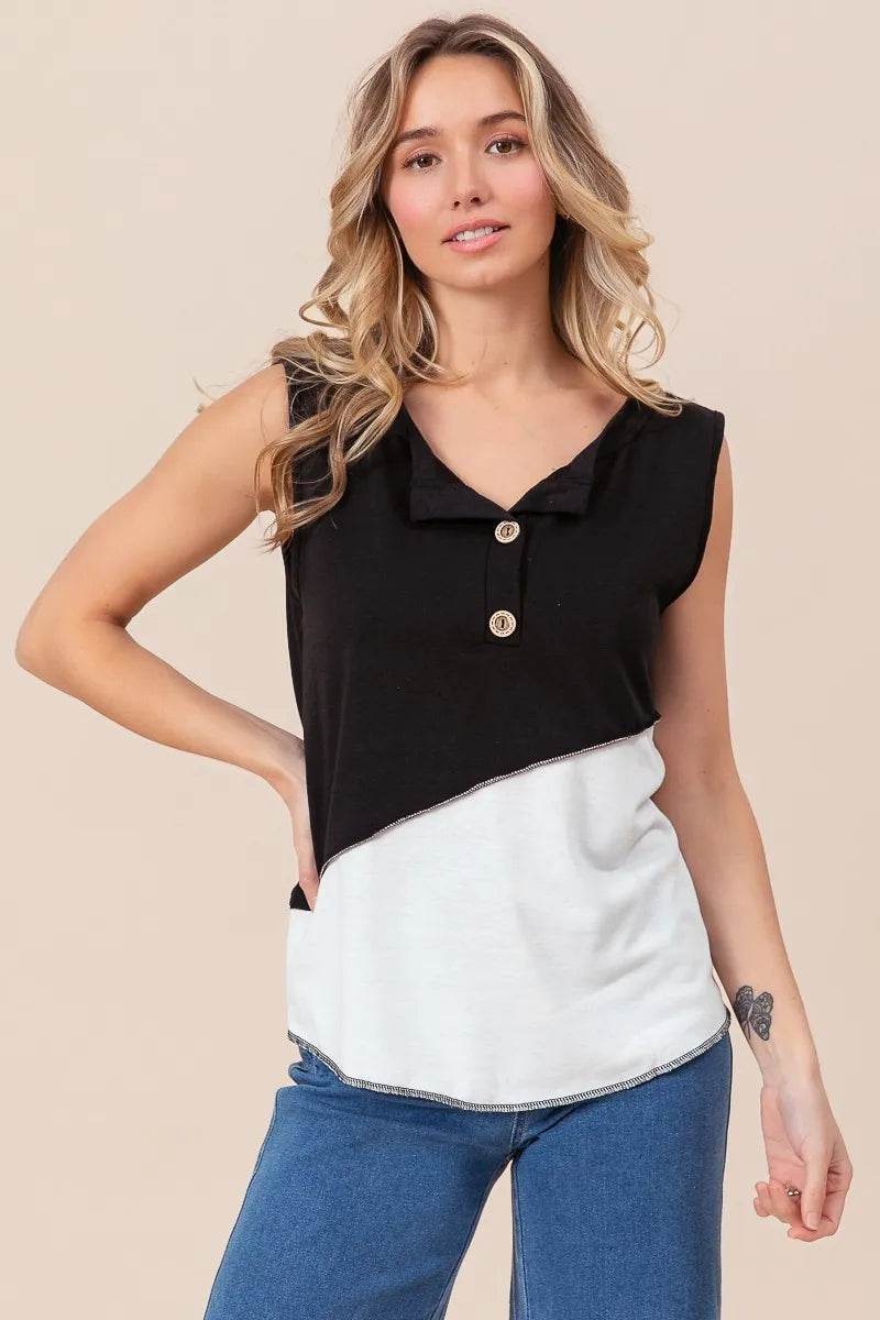 BiBi Color Block Contrast Stitching Buttoned Henley Top - Shop Style & More | Fresh Looks, Everyday Deals & Free Shipping